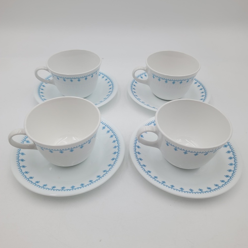 8pc Corelle Snowflake Blue Garland Tea Cup Saucer Set Corning USA Vintage